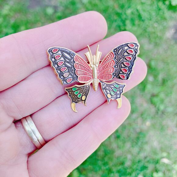 VTG 1950s Butterfly Brooch Gold Tone Black Colorful Enamel Cloisonné Style Pin - Picture 4 of 8
